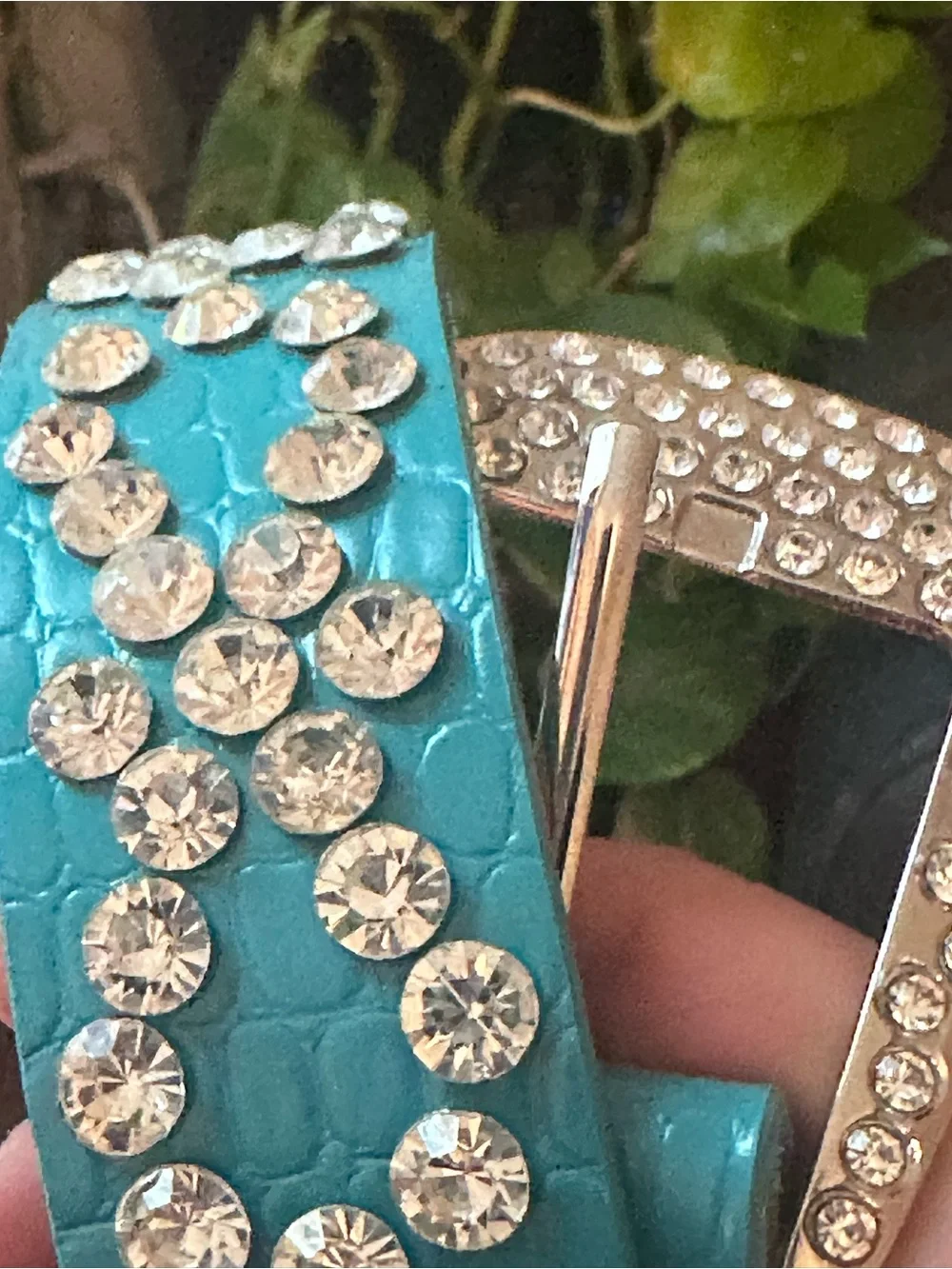 Women’s Belt Teal Rhinestone Croc Embossed Western Bling Crystal Faux Leather